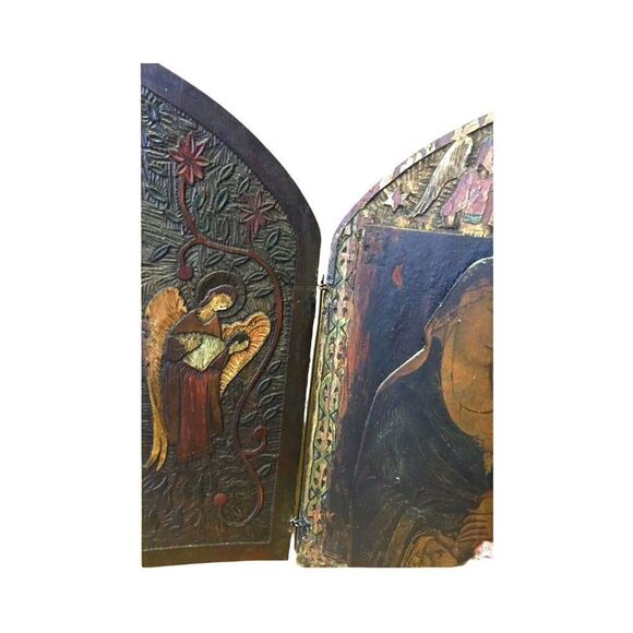 Antique Russian Christian Orthodox Triptych Icon Mother Virgin Madonna Jesus - Picture 3 of 13
